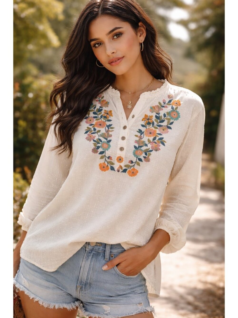 Boho Embroidered Cotton Blouse XXL Cream Floral Peasant Swiss Dot Top